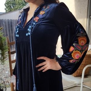 Zara embroidered blue velvet dress tunic